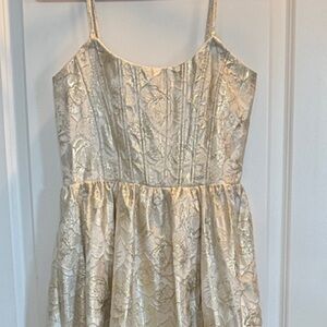 Gold Brocade Spaghetti Strap Cocktail Dress